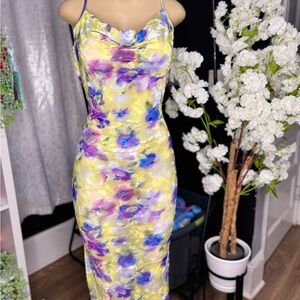 PrettyLittleThing Yellow and Purple Floral Maxi Dress